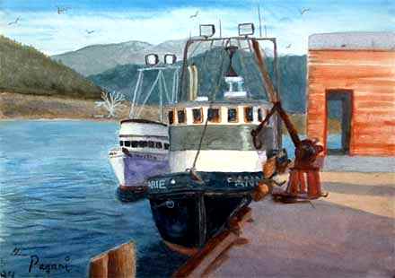 Oregon art gallery - Commercial Fishing Boats painting, Garibaldi Oregon. Click for a gallery walk-through